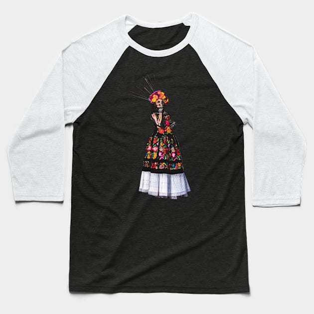 Day of the Dead lady Baseball T-Shirt by BrokenTrophies